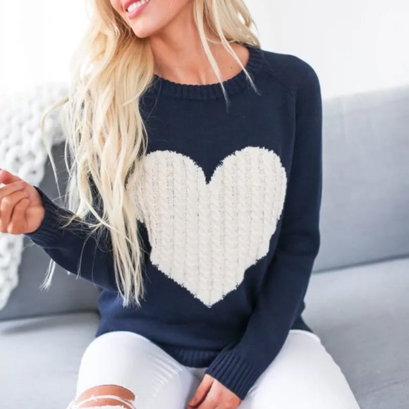 NEW Navy Oatmeal Cable Heart Cotton Blend Sweater - Picture 2 of 12